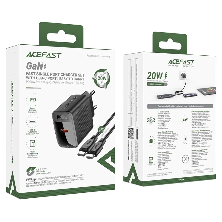 ACEFAST A82 PD 20W GaN Single USB-C Charger Set (P5) con cable tipo C a tipo C de 1,2 m (enchufe de la UE)