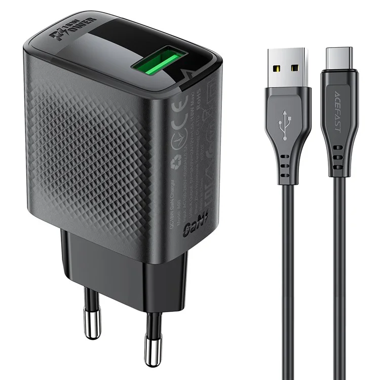 ACEFAST A90 GaN Wall Charger QC 18W Single USB-A Power Adapter with Type-C Cable - EU Plug