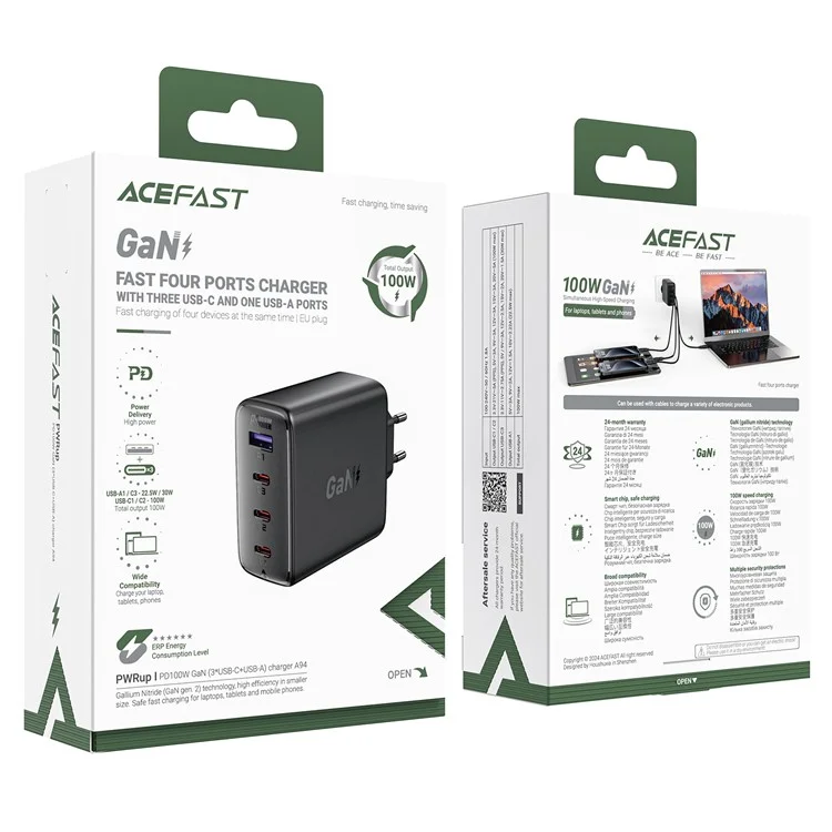 Быстрое зарядное устройство ACEFAST A94 PD 100 Вт на основе технологии GaN с 3 портами Type-C и 1 портом USB-A, с 4 портами, с адаптером питания, европейская вилка