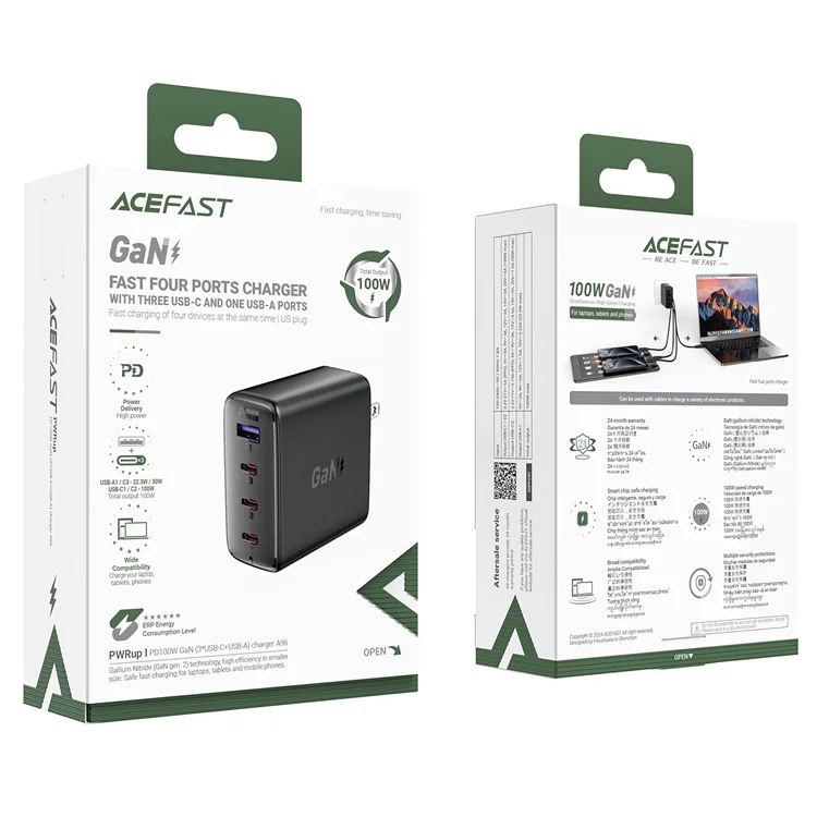 ACEFAST A96 GaN 2 Fast Charger PD 100W 4-Port Power Adapter Travel Charger - Enchufe de EE. UU.