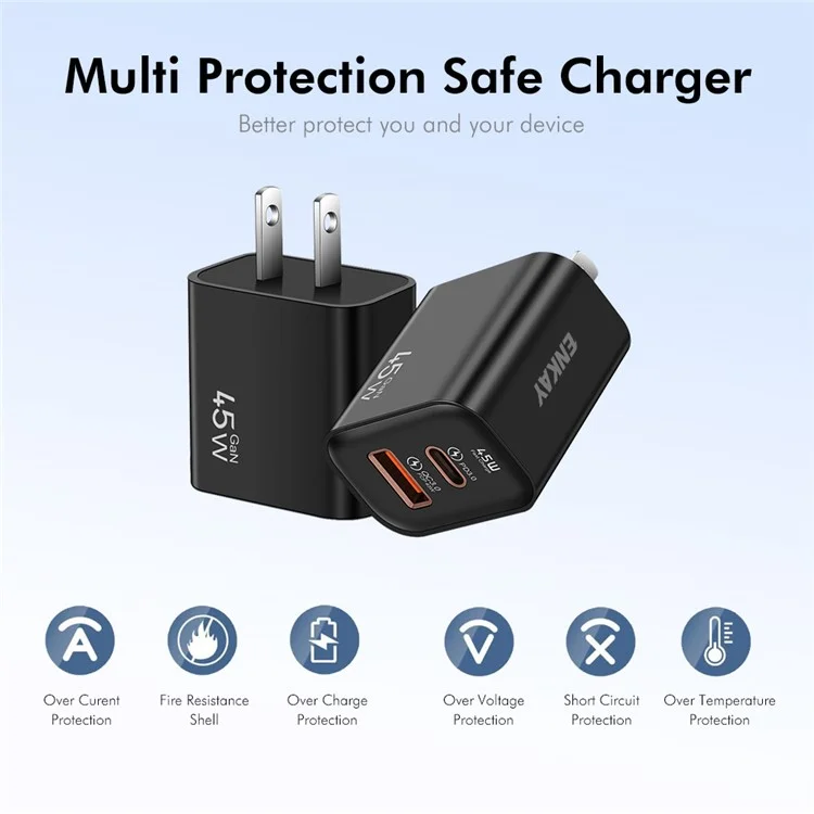 ENKAY ENK-FC001 45W USB-A + Type-C Dual Port Wandladegerät - Schwarz