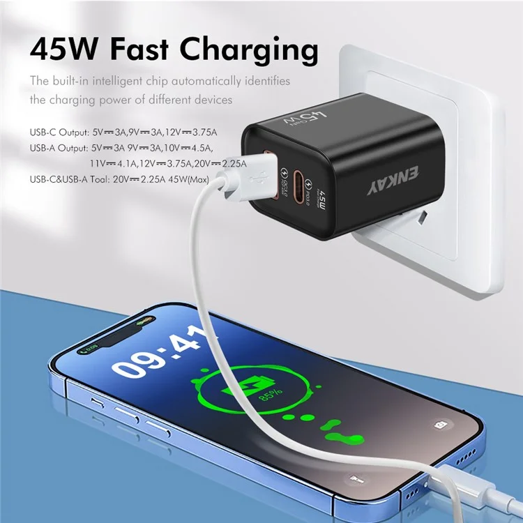 ENKAY ENK-FC001 45W USB-A + Type-C Dual Port Wandladegerät - Schwarz