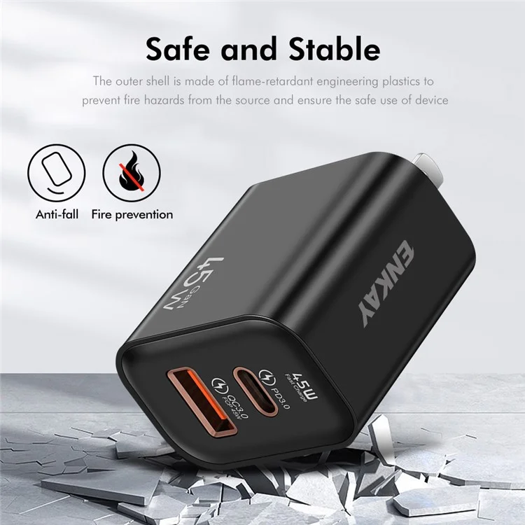 ENKAY ENK-FC001 45W USB-A + Type-C Dual Port Wandladegerät - Schwarz