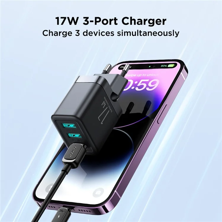 JOYROOM JR-TCN02EU 3.4A 3-porta caricabatterie a parete USB UE Plug Adattatore di alimentazione - Nero