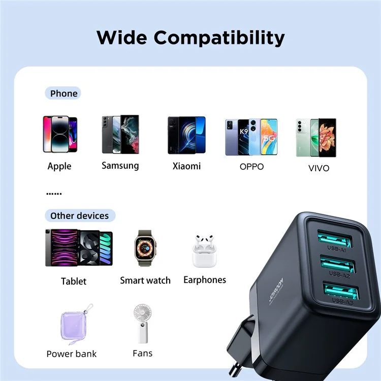JOYROOM JR-TCN02EU 3.4A 3-porta caricabatterie a parete USB UE Plug Adattatore di alimentazione - Nero