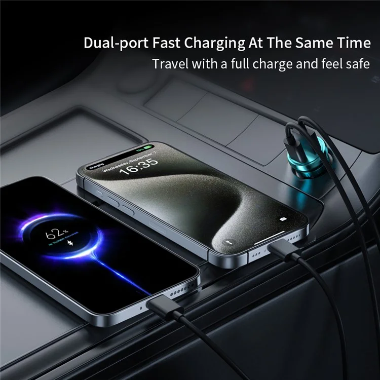 XUNDD XDCH-079 Car Charger Pull Tab PD 30W + QC3.0 Cigarette Lighter Adapter with Indicator Light - Blue