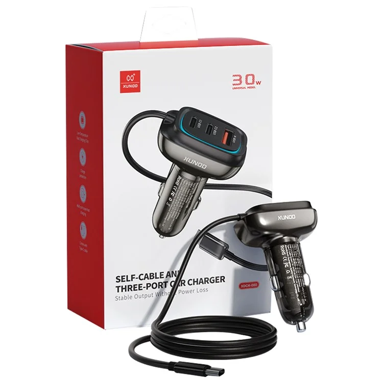 XUNDD XDCH-080 30W 3-Port Car Charger Adapter (2 USB-C + USB-A) Lighter Cigarrillo con Cable