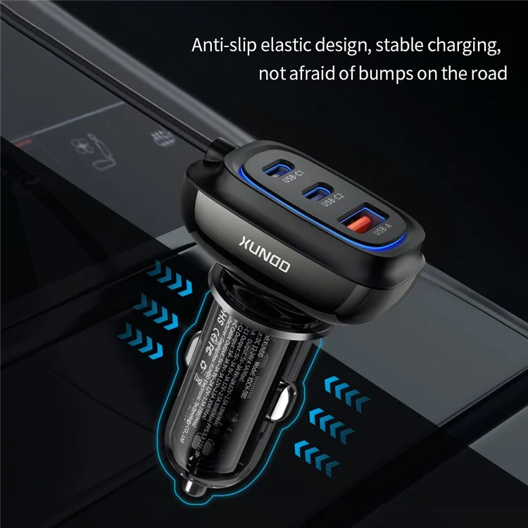 XUNDD XDCH-080 30W 3-Port Car Charger Adapter (2 USB-C + USB-A) Lighter Cigarrillo con Cable