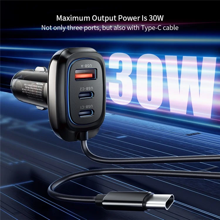 XUNDD XDCH-080 30W 3-Port Car Charger Adapter (2 USB-C + USB-A) Lighter Cigarrillo con Cable