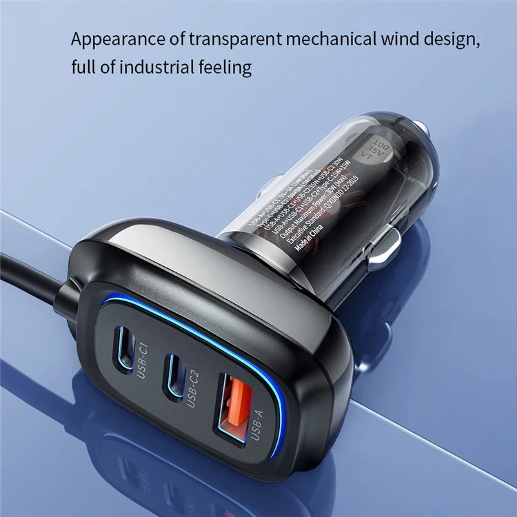 XUNDD XDCH-080 30W 3-Port Car Charger Adapter (2 USB-C + USB-A) Lighter Cigarrillo con Cable