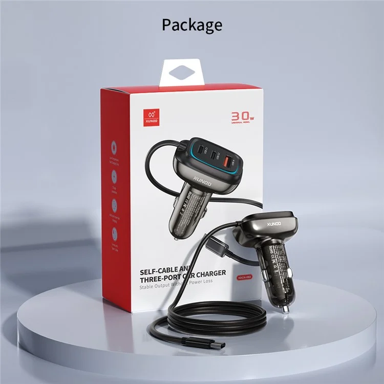 XUNDD XDCH-080 30W 3-Port Car Charger Adapter (2 USB-C + USB-A) Lighter Cigarrillo con Cable