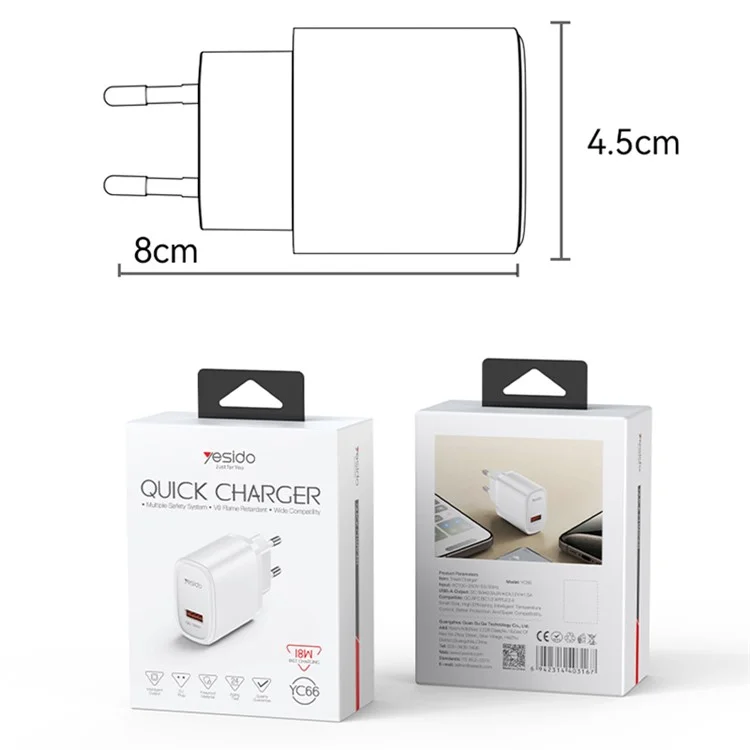 YESIDO YC66 Carregador de Parede com Entrada UE, Porta USB Única de 18W, Carregador de Telefone Celular e Tablet de Carregamento Rápido