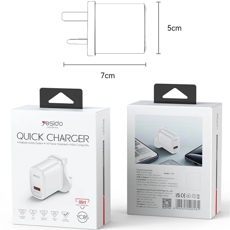 YESIDO YC85C UK Plug Single USB Port Wall Charger 18W Phone Tablet Fast Charging Adapter with Cable