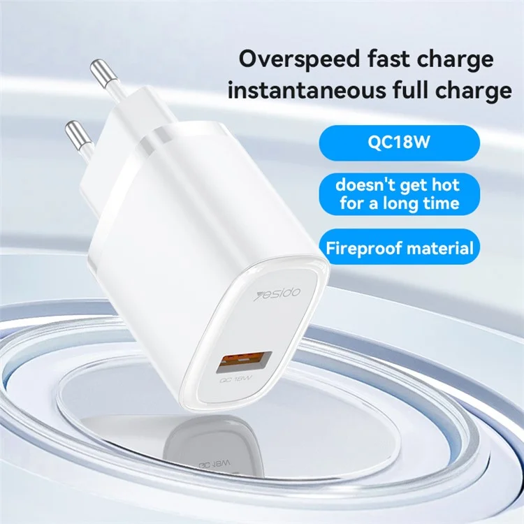 YESIDO YC66C EU Plug Single USB Port Wall Charger 18W Phone Tablet Fast Charging Adapter with Cable