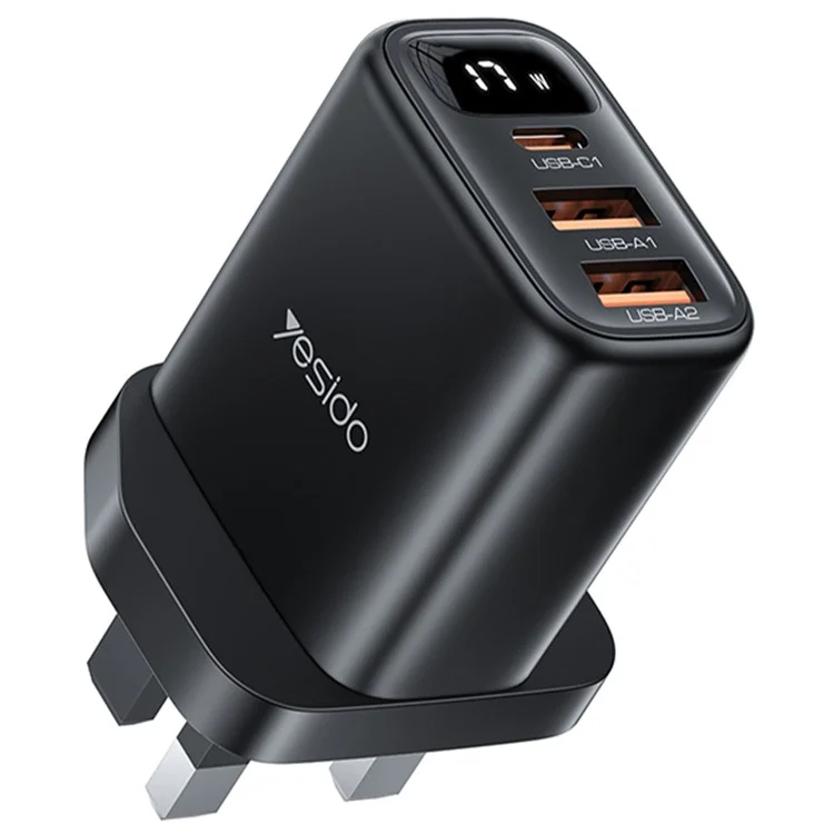YESIDO YC86 17W Digital Display Wall Charger 2 USB + 1 Type-C Phone Charging Adapter, Plugue Reino Unido