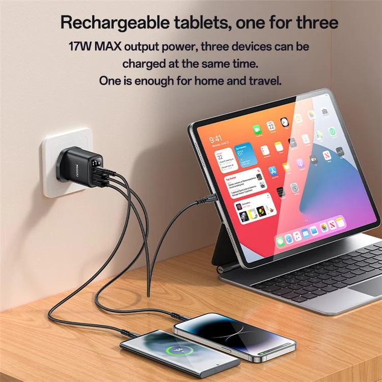 YESIDO YC86 17W Digital Display Wall Charger 2 USB + 1 Type-C Phone Charging Adapter, Plugue Reino Unido