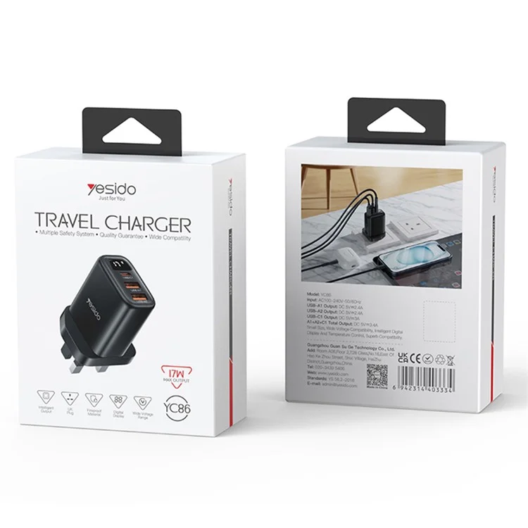 YESIDO YC86 17W Digital Display Wall Charger 2 USB + 1 Type-C Phone Charging Adapter, Plugue Reino Unido