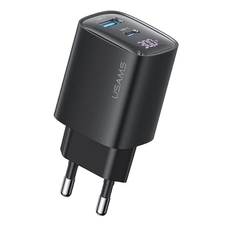 USAMS CC229 30W GaN Adapter USB-C+USB-C Doppelter Ladeanschluss, EU-Stecker - Schwarz