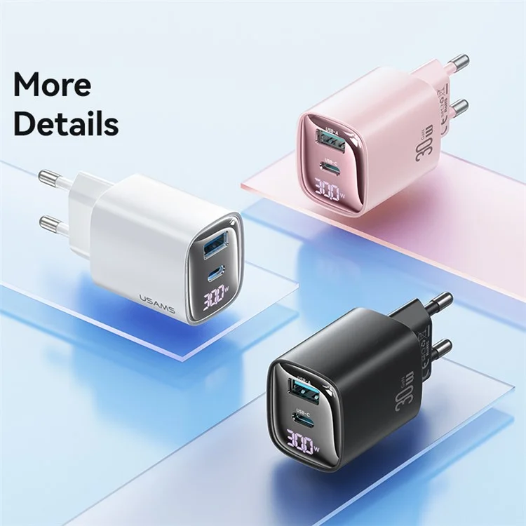 USAMS CC229 30W GaN Adapter USB-C+USB-C Doppelter Ladeanschluss, EU-Stecker - Schwarz