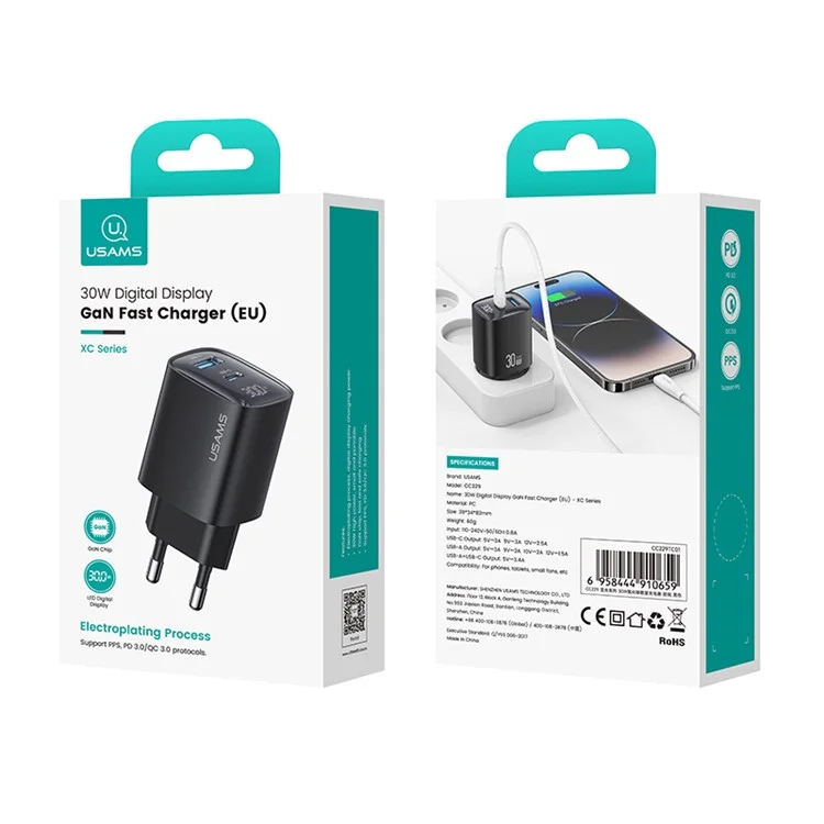 USAMS CC229 30W GaN Adapter USB-C+USB-C Doppelter Ladeanschluss, EU-Stecker - Schwarz