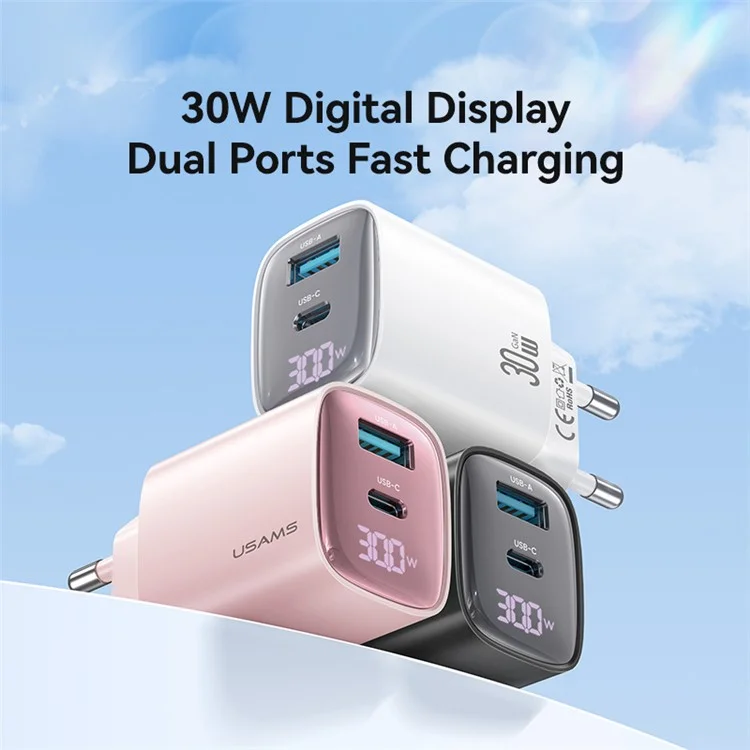 USAMS CC229 30W GaN Adapter USB-C+USB-C Doppelter Ladeanschluss, EU-Stecker - Schwarz