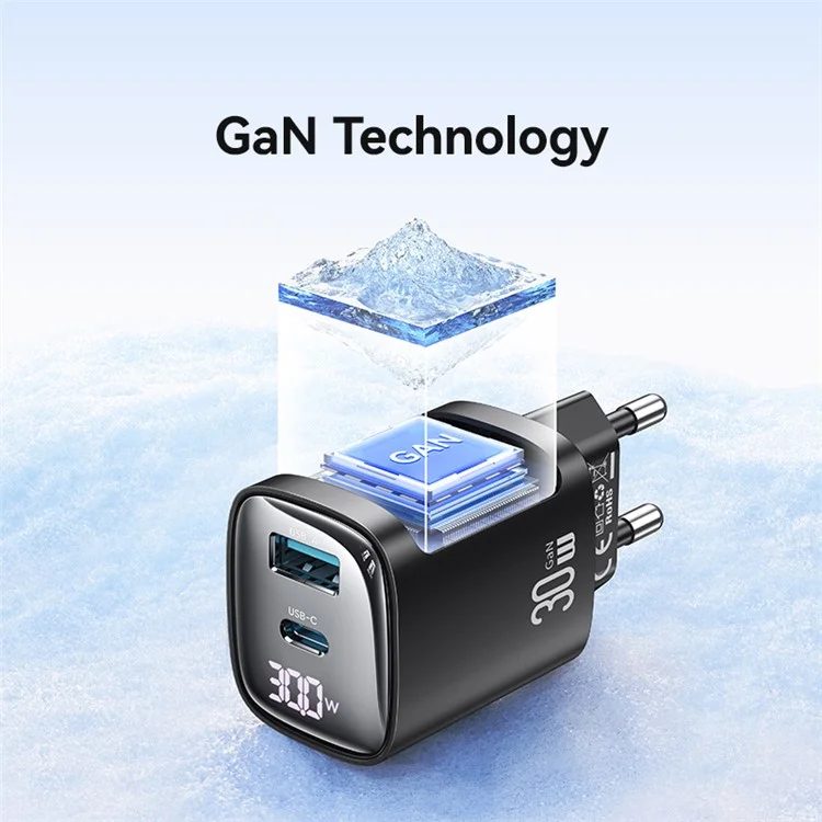 USAMS CC229 30W GaN Adapter USB-C+USB-C Doppelter Ladeanschluss, EU-Stecker - Schwarz