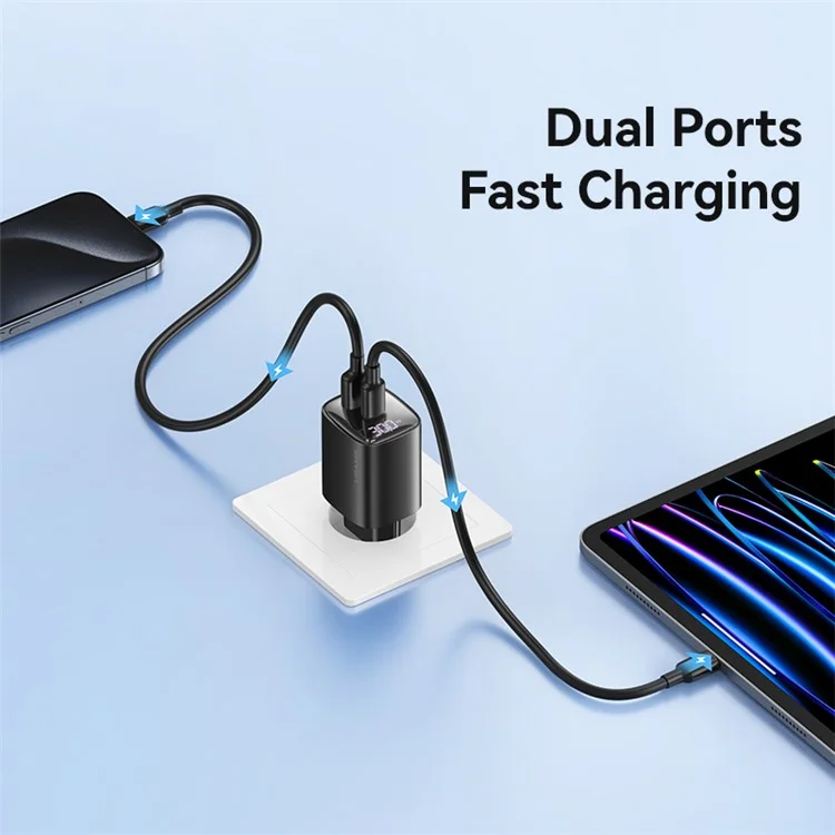 USAMS CC229 30W GaN Adapter USB-C+USB-C Doppelter Ladeanschluss, EU-Stecker - Schwarz