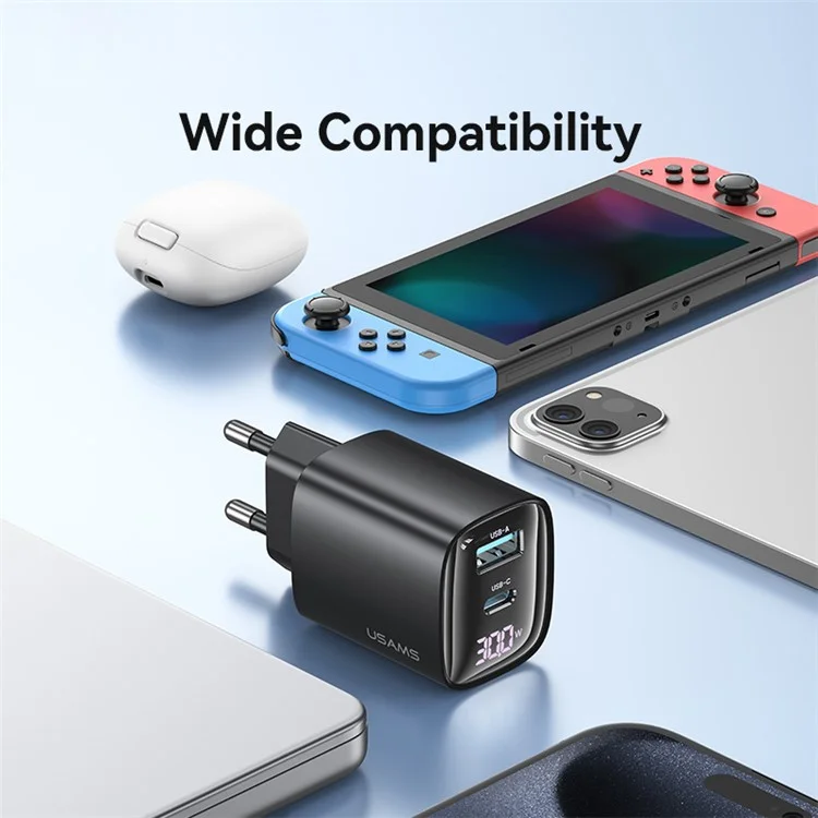 USAMS CC229 30W GaN Adapter USB-C+USB-C Doppelter Ladeanschluss, EU-Stecker - Schwarz