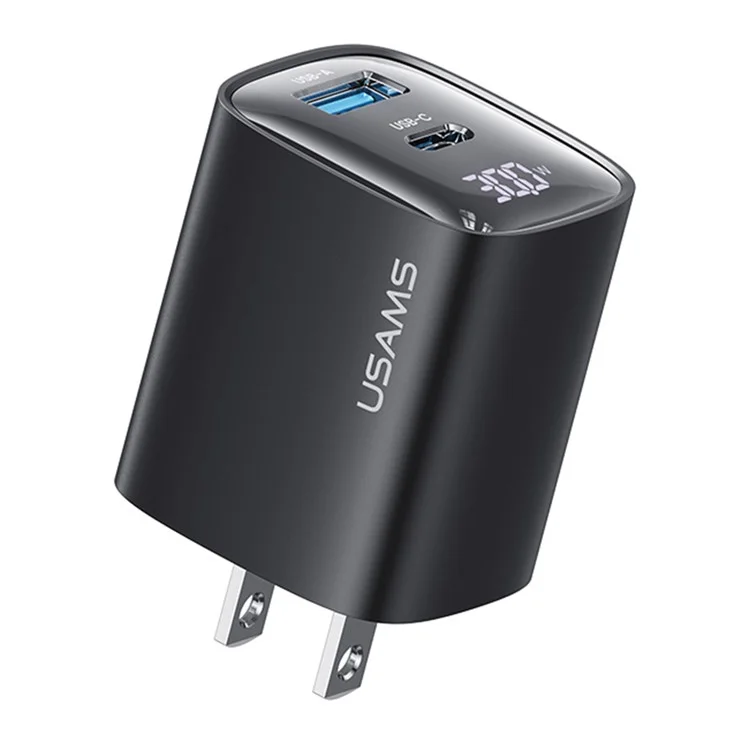 USAMS CC230 30W Fast Charging GaN Adapter USB-C+USB-C Dual Port Wall Charger Power Display, US Plug - Black