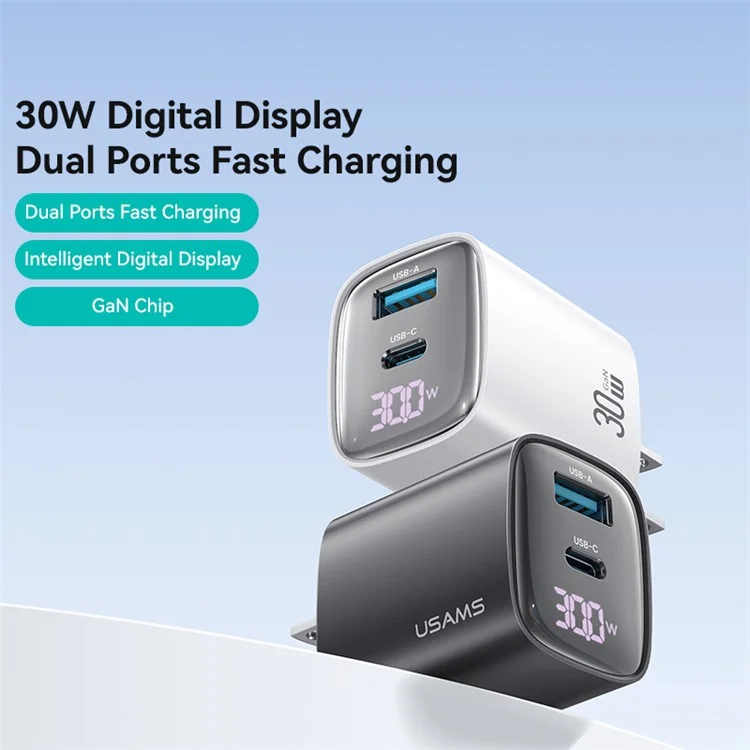 USAMS CC230 30W Fast Charging GaN Adapter USB-C+USB-C Dual Port Wall Charger Power Display, US Plug - Black