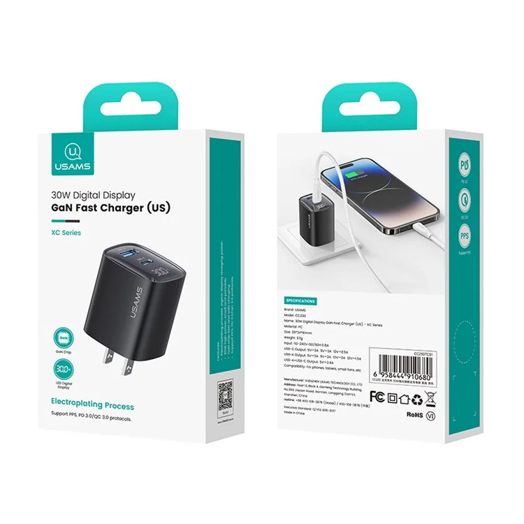 USAMS CC230 30W Fast Charging GaN Adapter USB-C+USB-C Dual Port Wall Charger Power Display, US Plug - Black