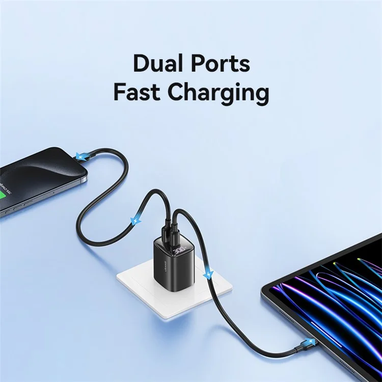 USAMS CC230 30W Fast Charging GaN Adapter USB-C+USB-C Dual Port Wall Charger Power Display, US Plug - Black