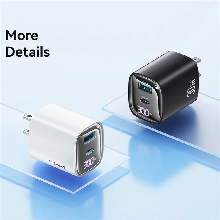 USAMS CC230 30W Fast Charging GaN Adapter USB-C+USB-C Dual Port Wall Charger Power Display, US Plug - Black