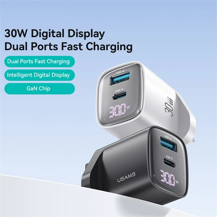 USAMS CC231 30W GaN Adapter Dual Port Fast Wall Charger Power Display, UK Plug - Black