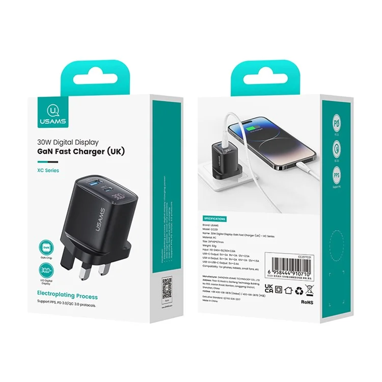 USAMS CC231 30W GaN Adapter Dual Port Fast Wall Charger Power Display, UK Plug - Black