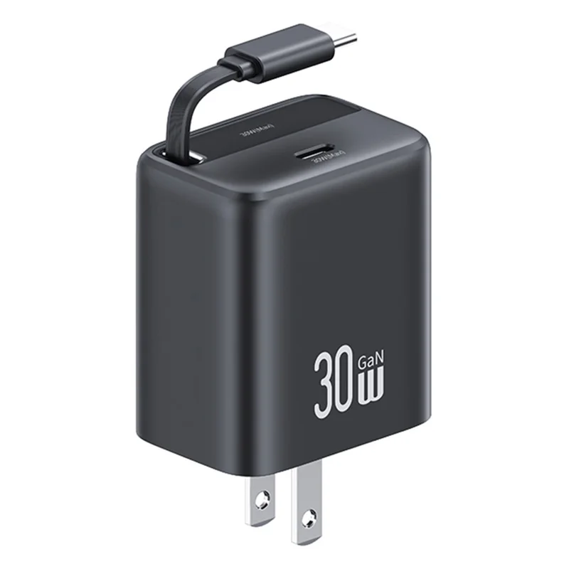 USAMS CC243 30W GaN Power Adapter PD3.0+QC3.0 Fast Charger avec câble rétractable de type C, prise US - Noir