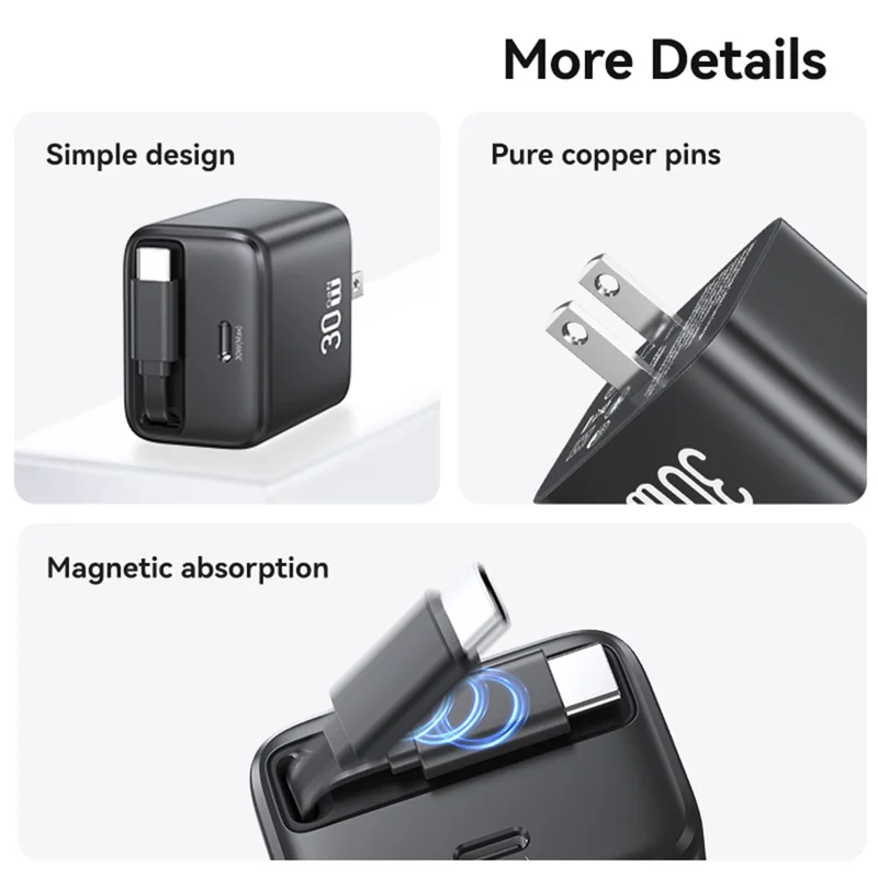 USAMS CC243 30W GaN Power Adapter PD3.0+QC3.0 Fast Charger avec câble rétractable de type C, prise US - Noir