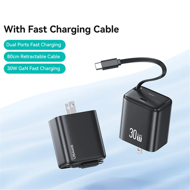 USAMS CC243 30W GaN Power Adapter PD3.0+QC3.0 Fast Charger avec câble rétractable de type C, prise US - Noir