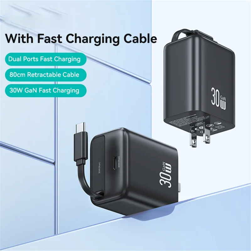 USAMS CC243 30W GaN Power Adapter PD3.0+QC3.0 Fast Charger avec câble rétractable de type C, prise US - Noir