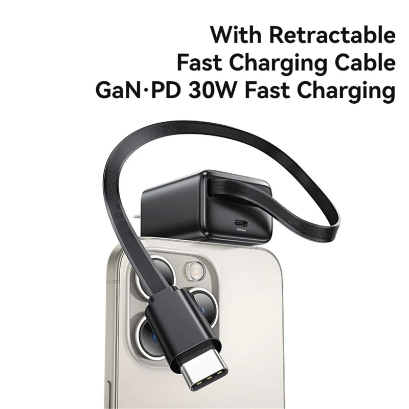 USAMS CC243 30W GaN Power Adapter PD3.0+QC3.0 Fast Charger avec câble rétractable de type C, prise US - Noir