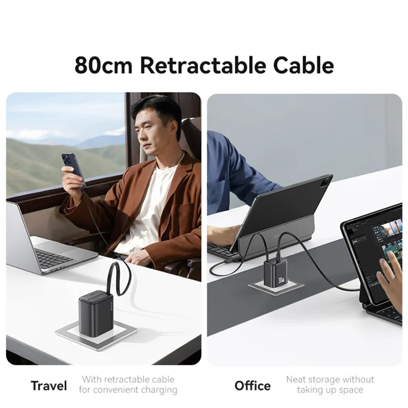 USAMS CC243 30W GaN Power Adapter PD3.0+QC3.0 Fast Charger avec câble rétractable de type C, prise US - Noir