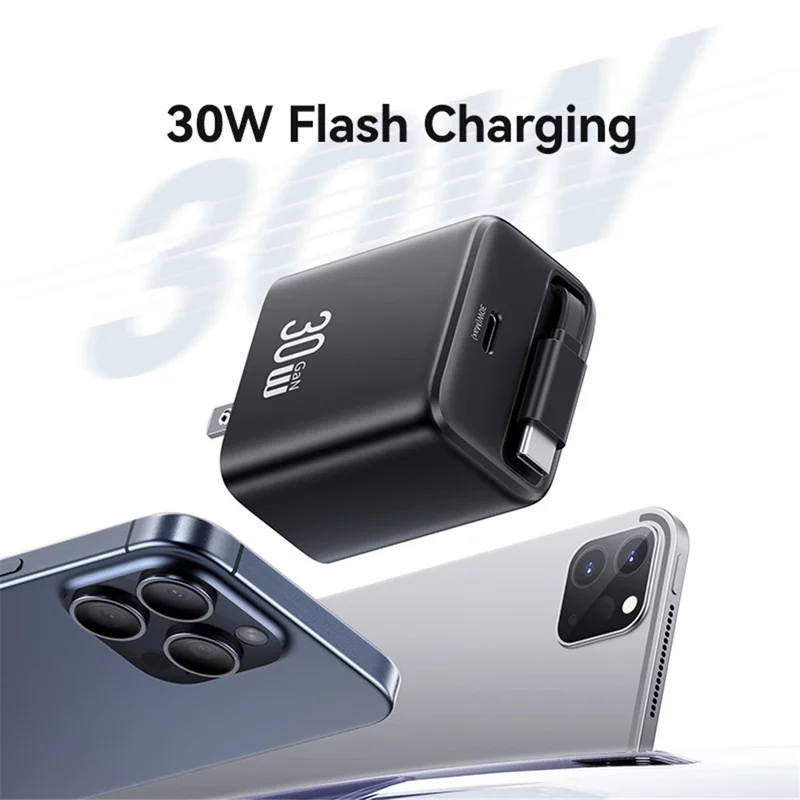 USAMS CC243 30W GaN Power Adapter PD3.0+QC3.0 Fast Charger avec câble rétractable de type C, prise US - Noir