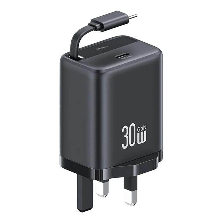 USAMS CC245 30W Fast Wall Charger GaN Power Adapter with Retractable Type-C Cable, UK Plug - Black