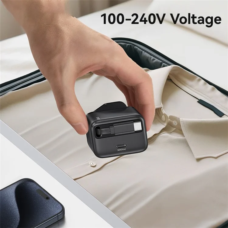 USAMS CC245 30W Fast Wall Charger GaN Power Adapter with Retractable Type-C Cable, UK Plug - Black