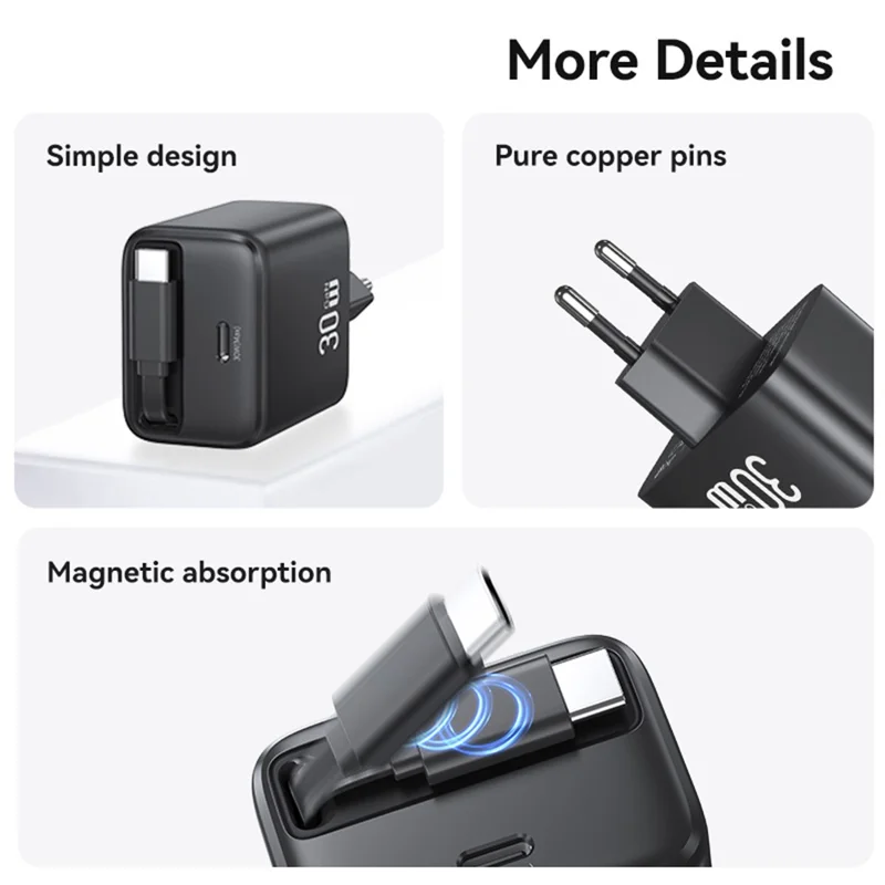 USAMS CC241 30W Type-C Charger GaN PD3.0+QC3.0 Power Adapter with Retractable Cable, EU Plug - Black