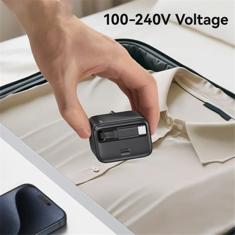 USAMS CC241 30W Type-C Charger GaN PD3.0+QC3.0 Power Adapter with Retractable Cable, EU Plug - Black