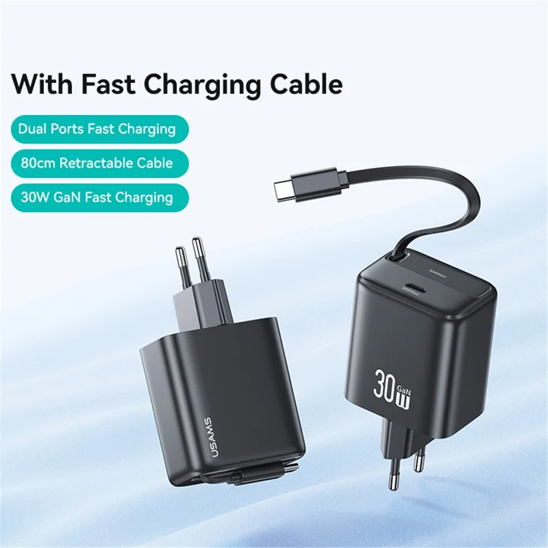 USAMS CC241 30W Type-C Charger GaN PD3.0+QC3.0 Power Adapter with Retractable Cable, EU Plug - Black