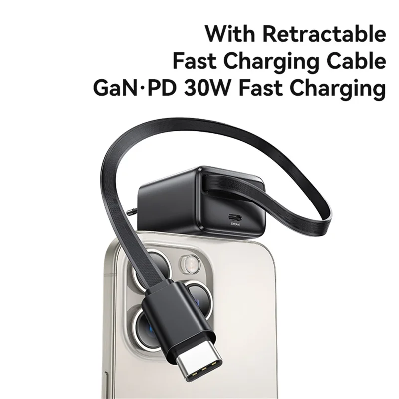 USAMS CC241 30W Type-C Charger GaN PD3.0+QC3.0 Power Adapter with Retractable Cable, EU Plug - Black