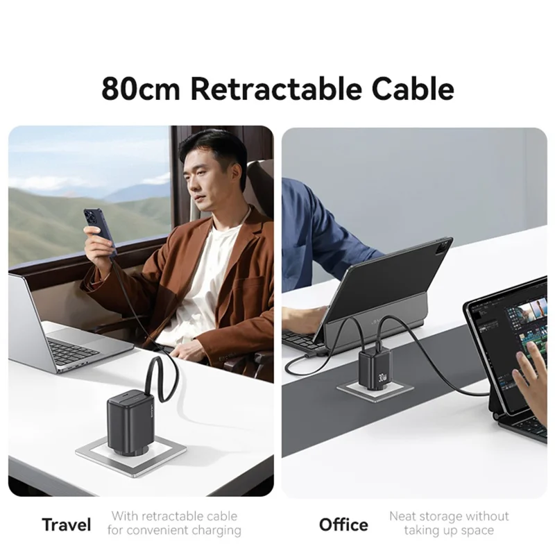 USAMS CC241 30W Type-C Charger GaN PD3.0+QC3.0 Power Adapter with Retractable Cable, EU Plug - Black