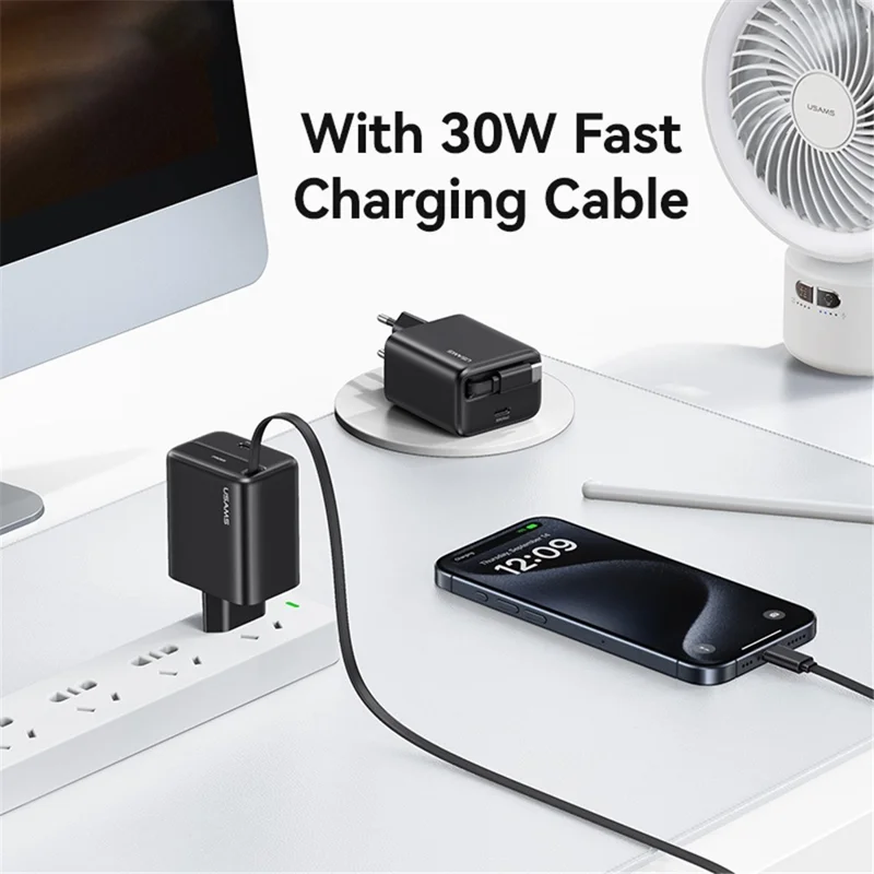 USAMS CC241 30W Type-C Charger GaN PD3.0+QC3.0 Power Adapter with Retractable Cable, EU Plug - White
